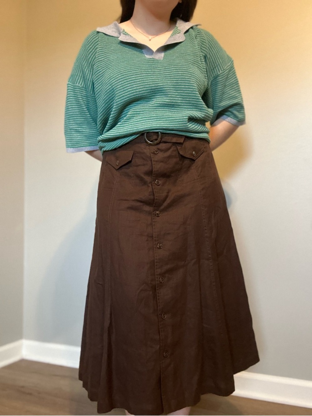 Jones New York Chocolate Brown 100% Linen Button-Front Belted Midi Skirt Size 8